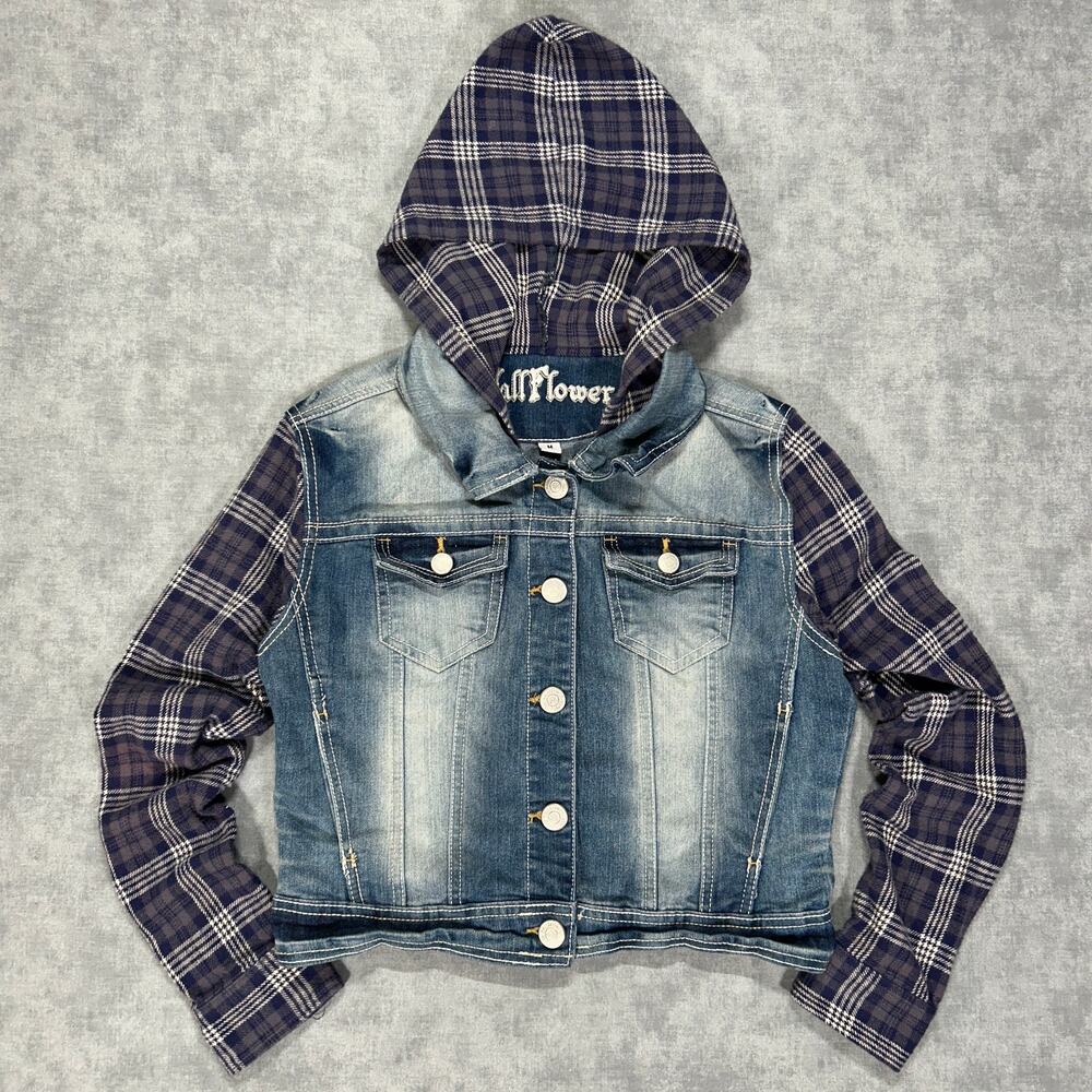 Wallflower Dreamer Fit denim jacket womens M Plaid flannel sleeves Hooded